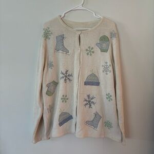 vintage 80s ivory, blue & mint winter theme ice skate & snow cardigan sweater❄️